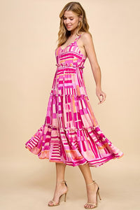 Printed Adjustable Spaghetti Straps Midi Dress Pink