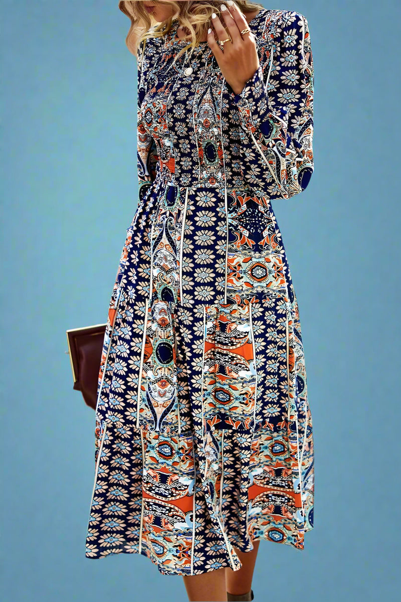 Paisley Smocked Midi Dress - Navy