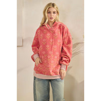Floral Printed Fleece Hoodie - Coral