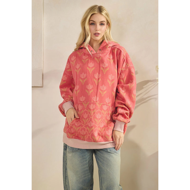 Floral Printed Fleece Hoodie - Coral