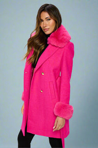 Faux Fur-Trimmed Belted Coat - Hot-Pink