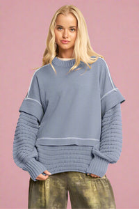 Chunky Layered Ribbed Knit Sweater - Blue