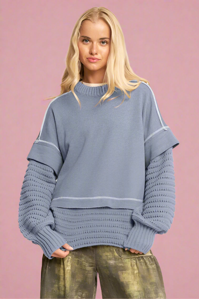 Chunky Layered Ribbed Knit Sweater - Blue