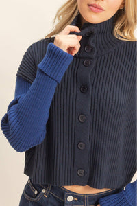 Contrasting Sleeves Sweater Cardigan - Navy