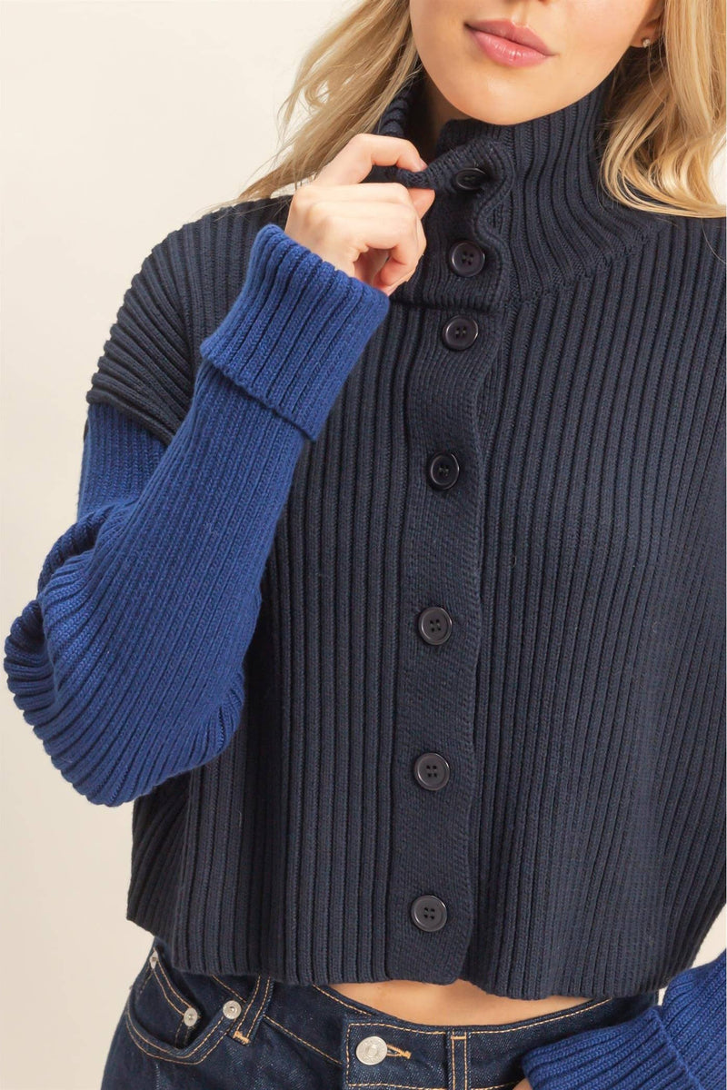Contrasting Sleeves Sweater Cardigan - Navy