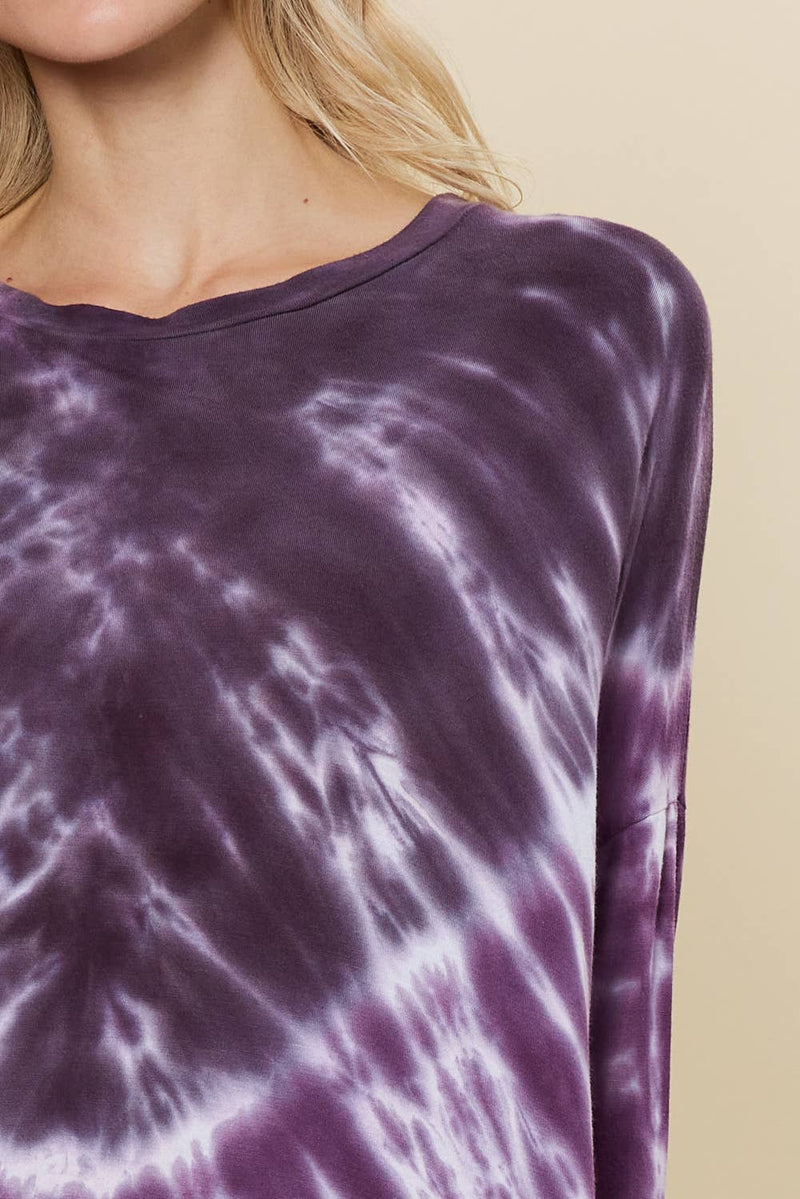Jersey Long Sleeve Tie Dye Tunic Top - Purple