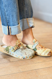 Toni - Floral Tapestry Studded Buckle Clog