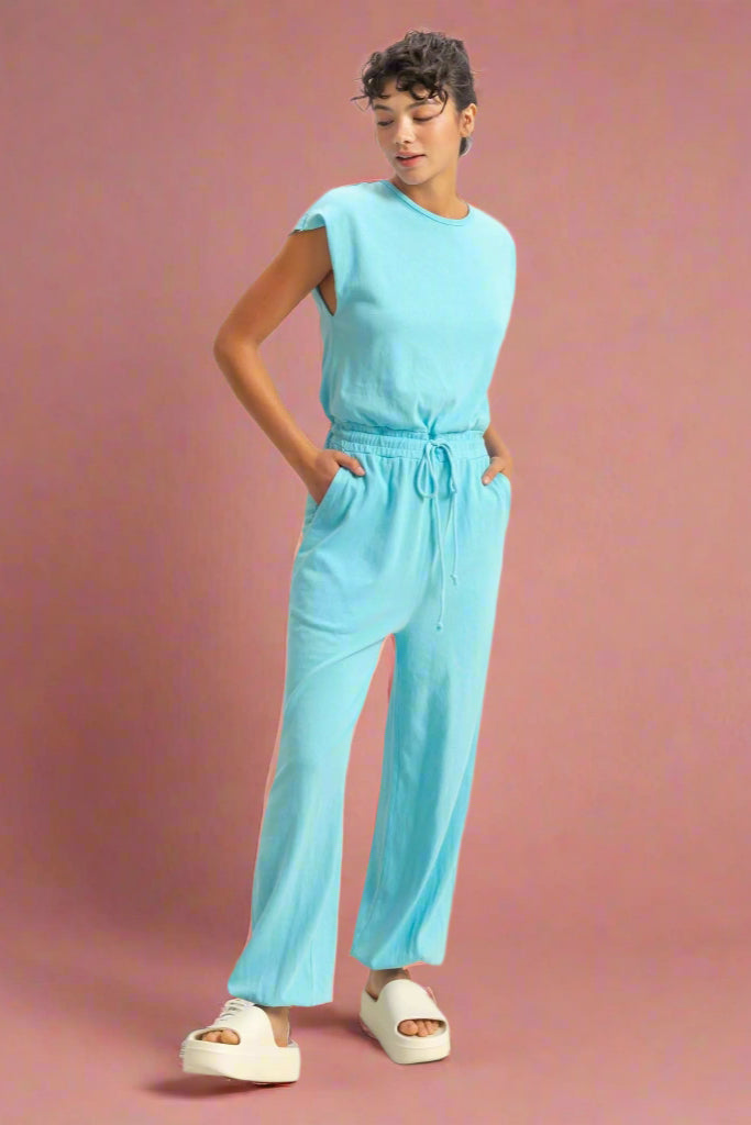 Short Sleeve Casual Jumpsuit - Aqua