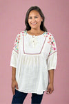 Linen Embroidered Boxy Top - Off White