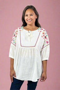 Linen Embroidered Boxy Top - Off White