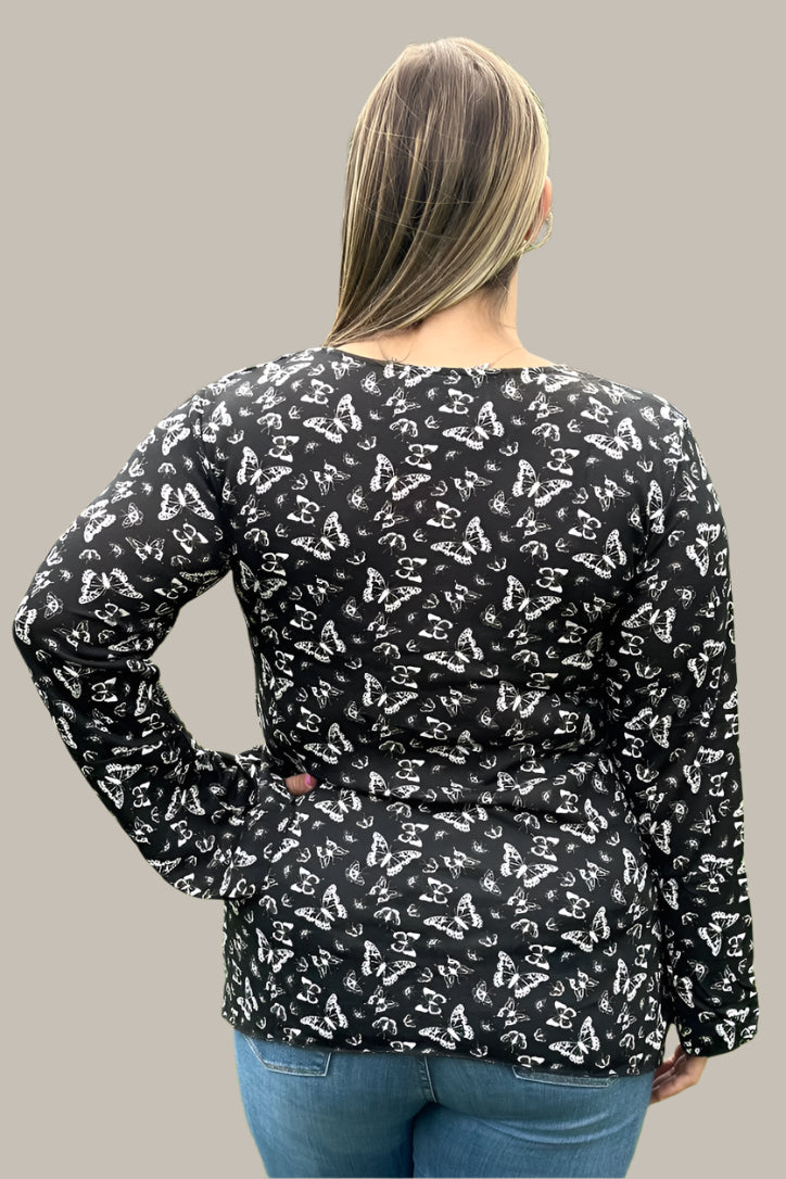 Top Butterfly Print Crossover Hem - Black