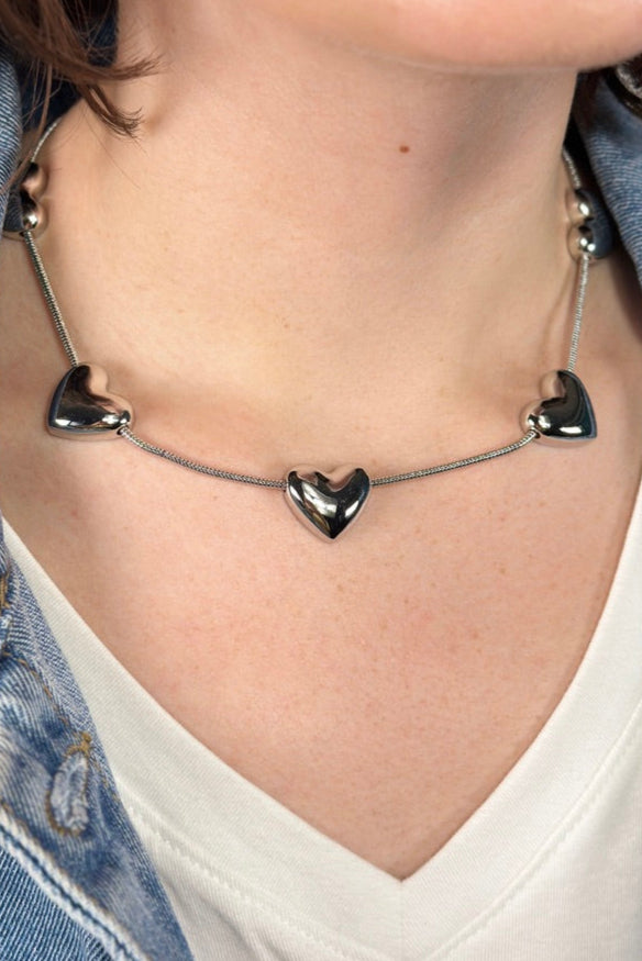 Heart Choker Necklace - Silver