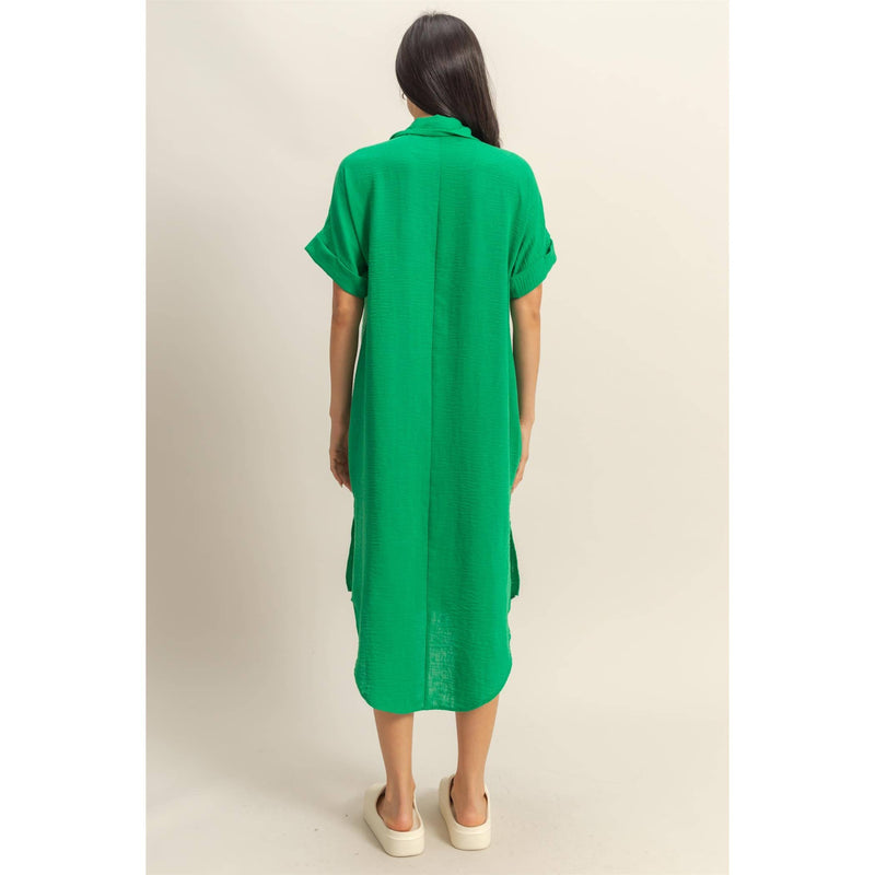 Casual Buttoned Shirts Midi Dress - Green