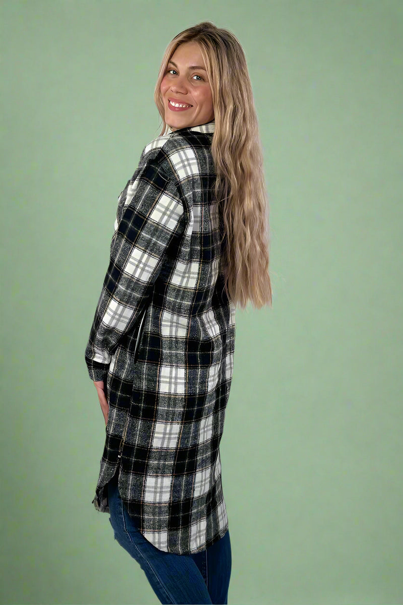 Black, White & Olive Plaid Long Flannel