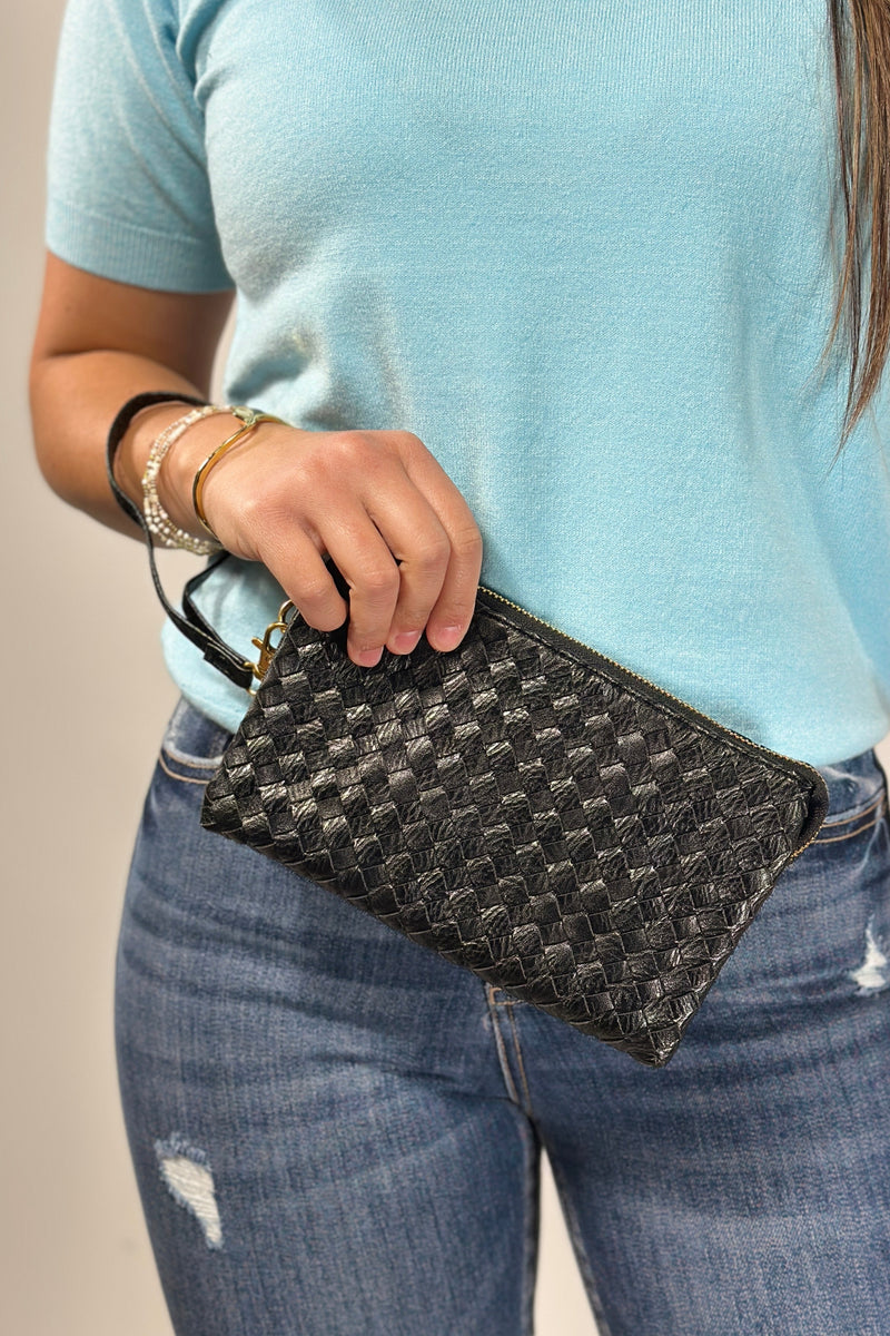 Woven Three Compartment Crossbody Bag - Black
