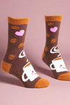 Pair of brown socks with cartoon character and pink hearts on a white background