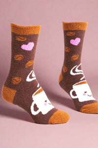 Pair of brown socks with cartoon character and pink hearts on a white background