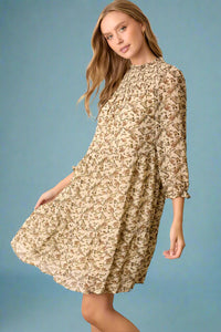 Floral Smocked Yoke Tiered Dress - Cream