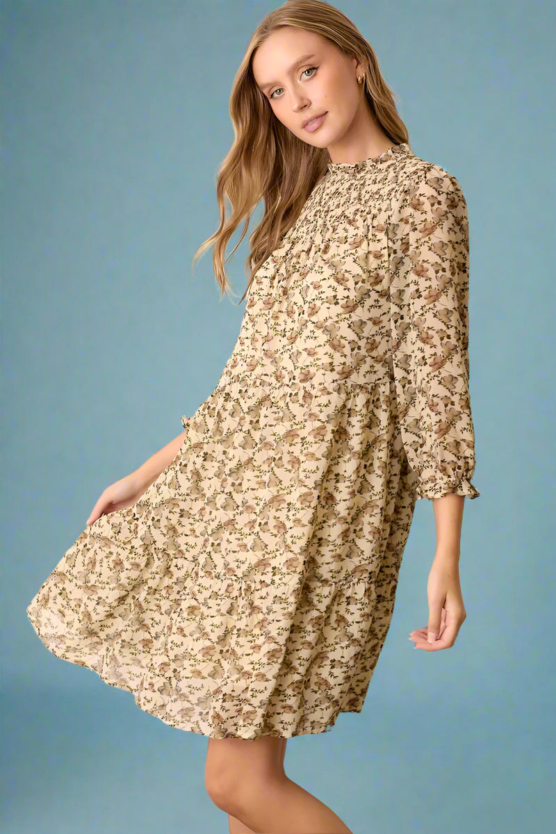 Floral Smocked Yoke Tiered Dress - Cream