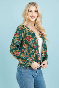 Floral Print Quilted Cotton Jacket - Green