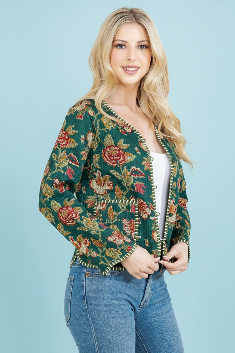 Floral Print Quilted Cotton Jacket - Green