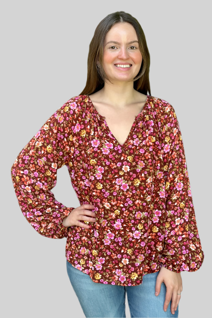 V-Neck Floral Top Brick