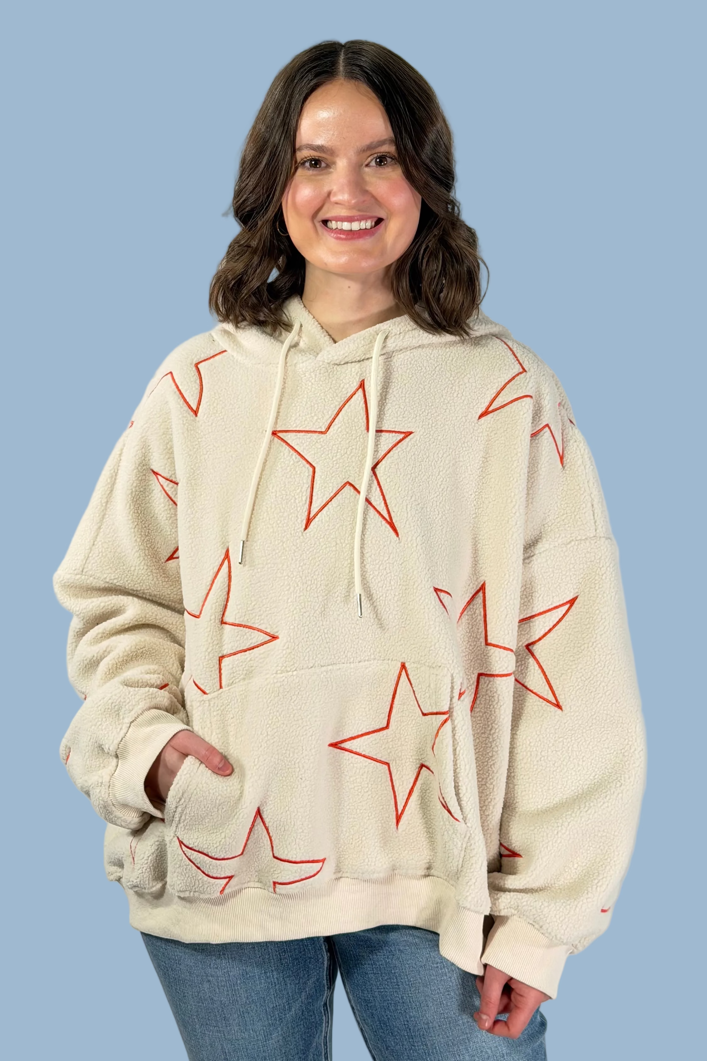 Star Embroidery Pullover Hoodie - Ivory