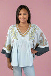 Embroidered Gauzy Top - Dusty Blue