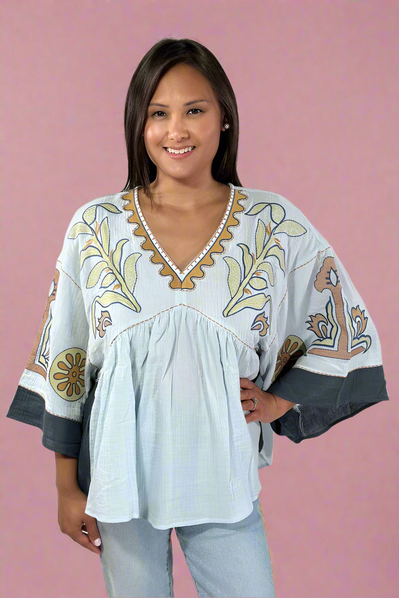 Embroidered Gauzy Top - Dusty Blue