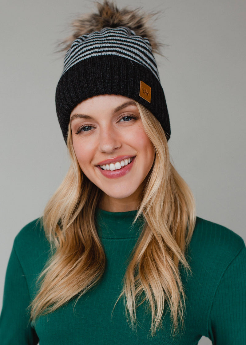 Dk. Gray & White Striped Pom Hat