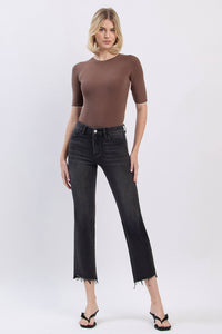 High Rise Frayed Hem Slim Straight Jeans LV40
