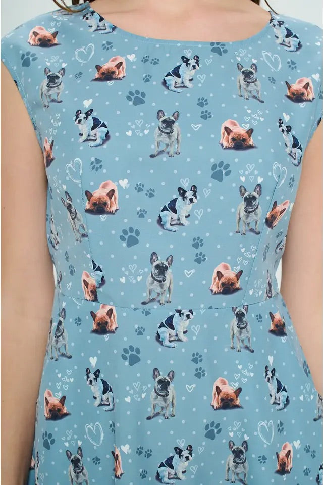 Pugs And Paws Print Dress - Blue