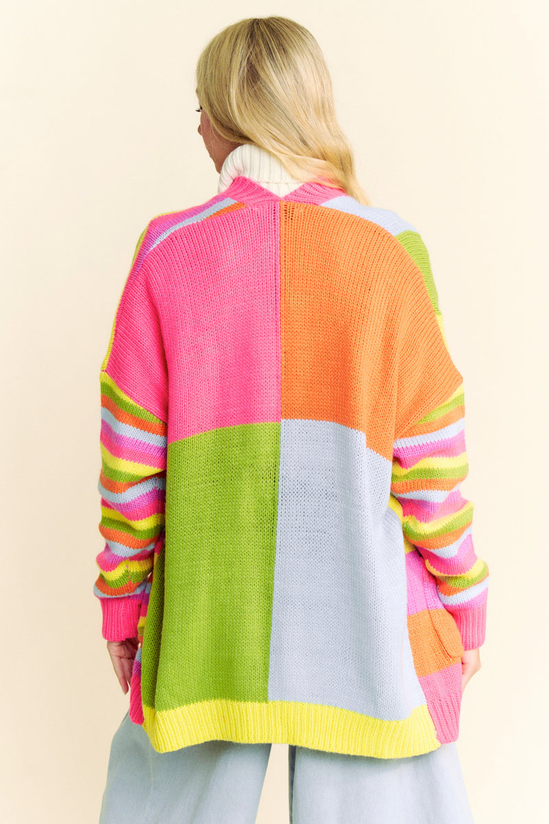 Multi Striped Pockets Loose Fit Open Cardigan