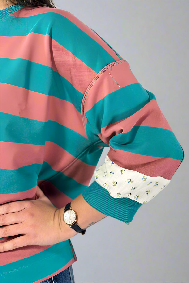 Floral Contrast Striped Top - Teal