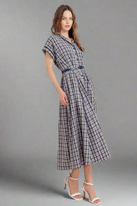 Woven Plaid Midi Dress - Navy