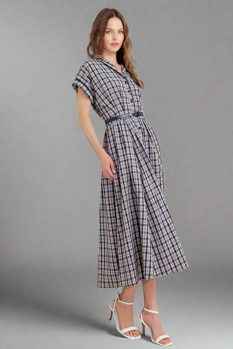 Woven Plaid Midi Dress - Navy
