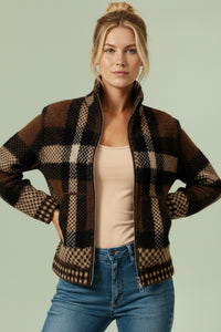 High Neck Zipper Plaid Sweater Cardigan