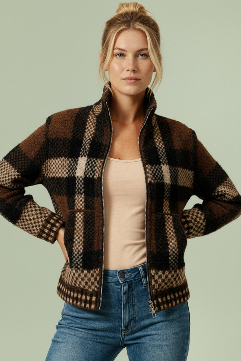 High Neck Zipper Plaid Sweater Cardigan
