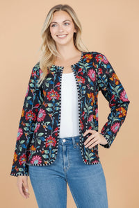 Floral Print Quilted Cotton Jacket - Black