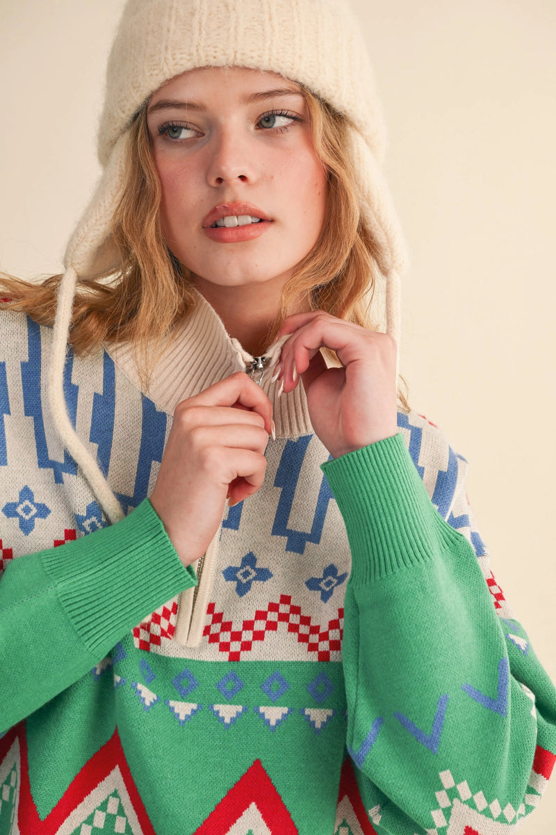 Mock Neck Half Zip Sweater - Bright Green