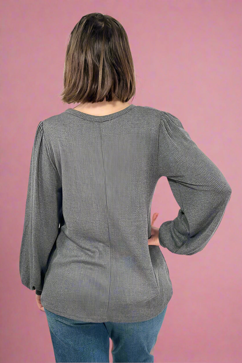 Bella Puff Sleeve Rib Top - Charcoal