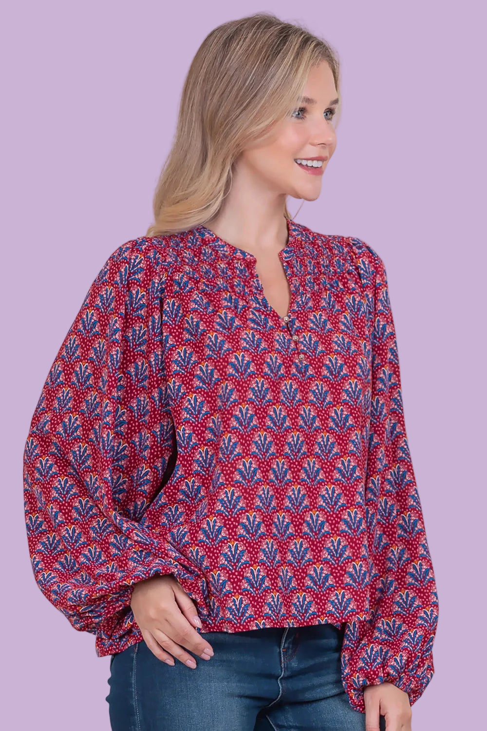 Smocking Shoulder Blouse - Burgundy