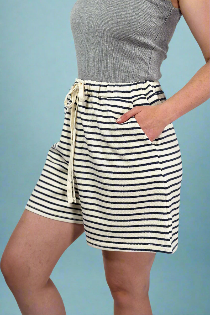 Striped Elastic Waist Shorts - Navy