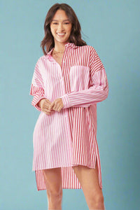 Mixed Striped Shirt Dress - Red