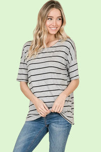 Basic Short Sleeve Striped T-shirt - Heather Gray