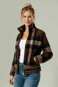 High Neck Zipper Plaid Sweater Cardigan