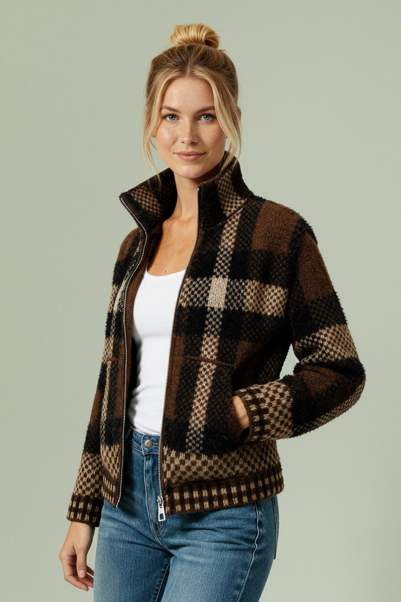 High Neck Zipper Plaid Sweater Cardigan