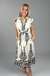 Two Tone Printed Midi Dress - Cream