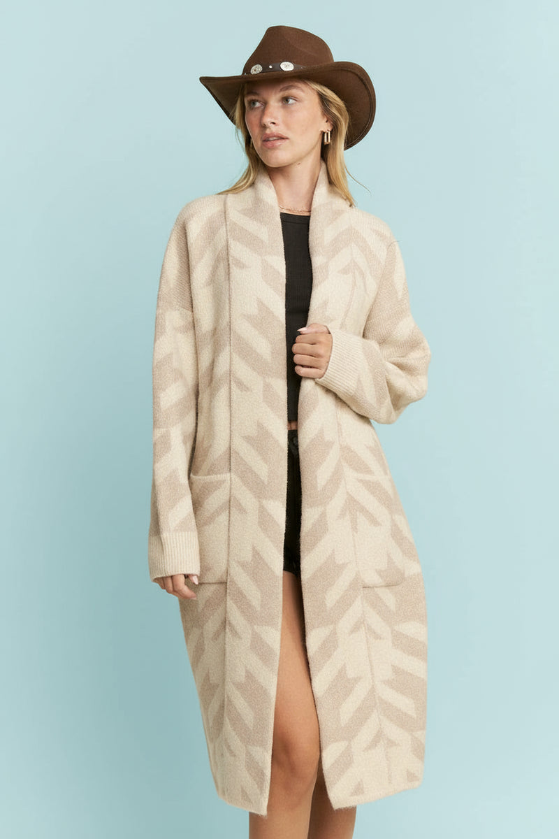 Giant Houndstooth Print Cardigan - Oatmeal