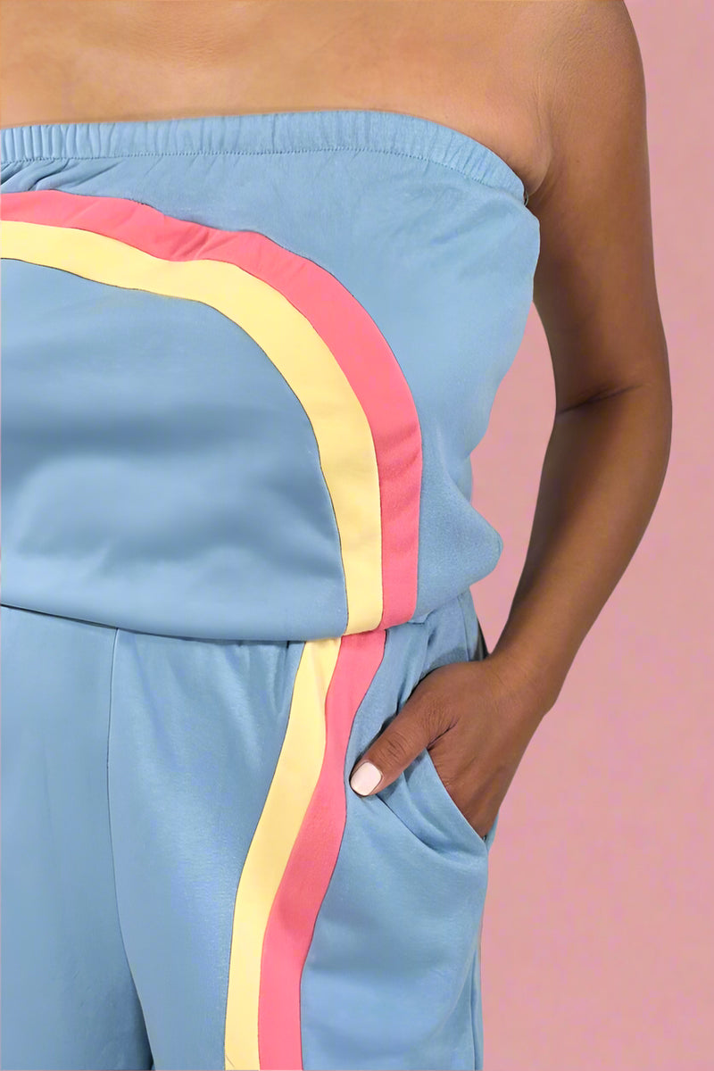 Terry Retro Stripe Romper - Blue